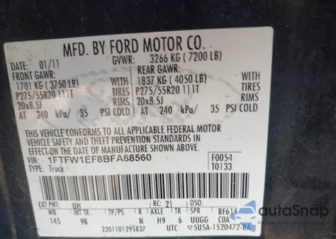 2011 Ford F-150 Platinum from USA, damaged, VIN 1FTFW1EF8BFA68560